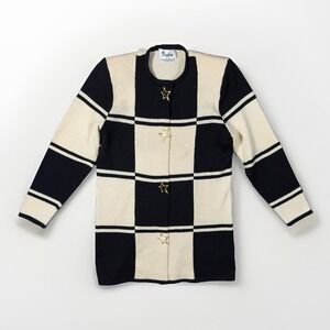 Vintage Toula Cardigan Sweater Womens 10 Black Ivory Star Button Shoulder Pads